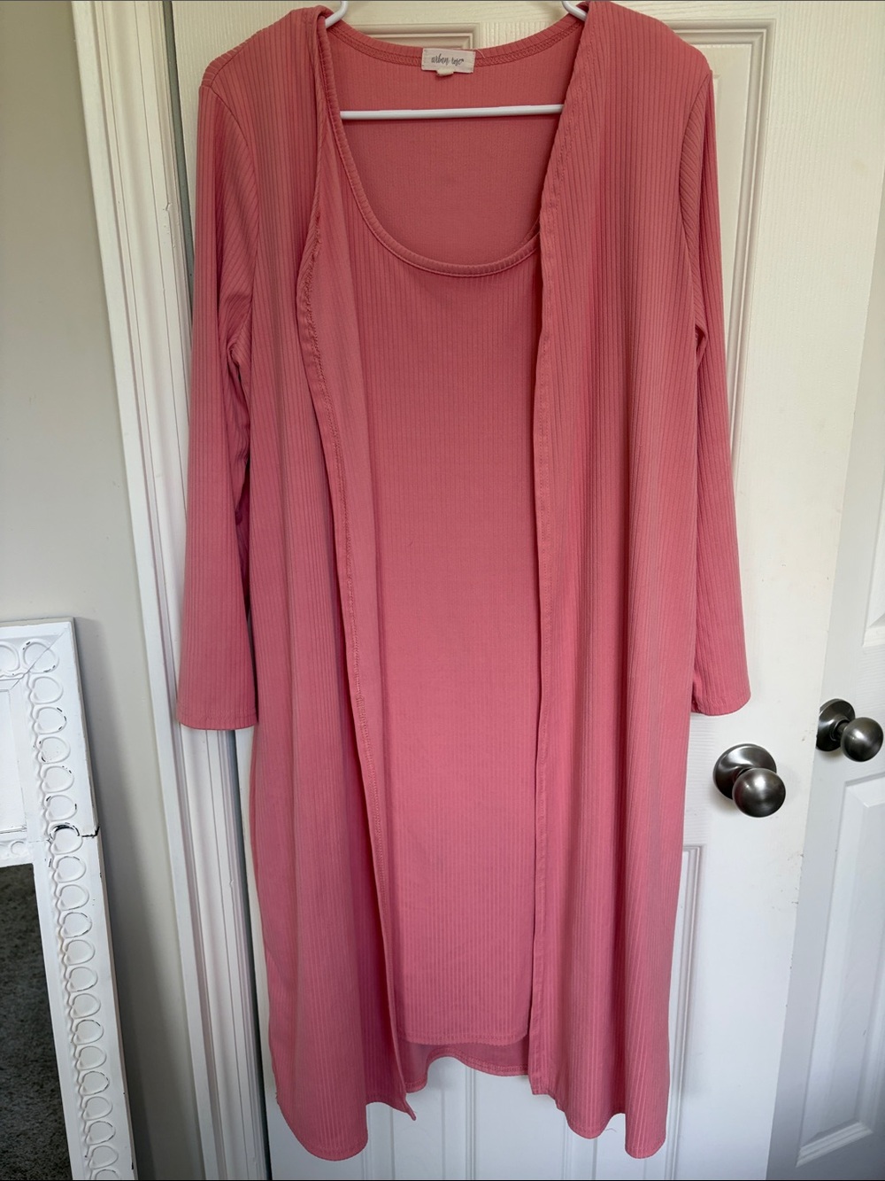 Ellos Ribbed Sleeveless Midi Dress with Matching Long Cardigan in Dusty Rose